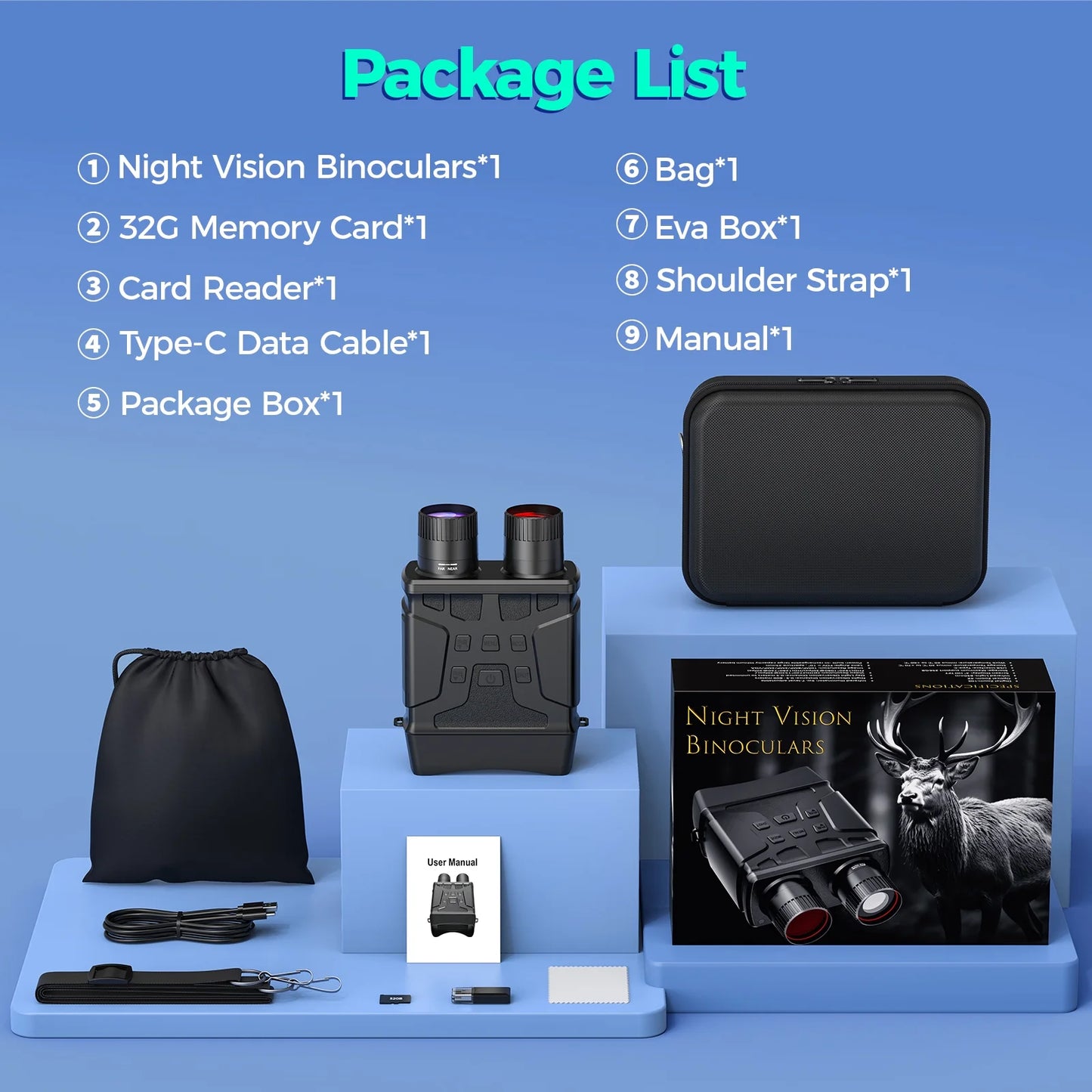 Night Vision Goggles, 7 Level Infrared Digital Night Vision Binoculars 32GB HD Photo and Video Capture, Type-C Rechargeable